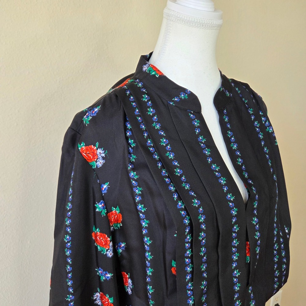 EUC Tory Burch Black 100% Silk Floral Rose Stripe Pleated Midi Dress Size 14 - Picture 2 of 7